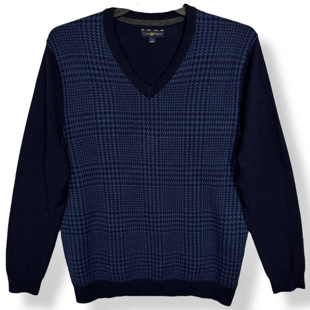 Club Room Glen Plaid Merino Wool Blend Sweater Size L Lightweight Preppy V Neck